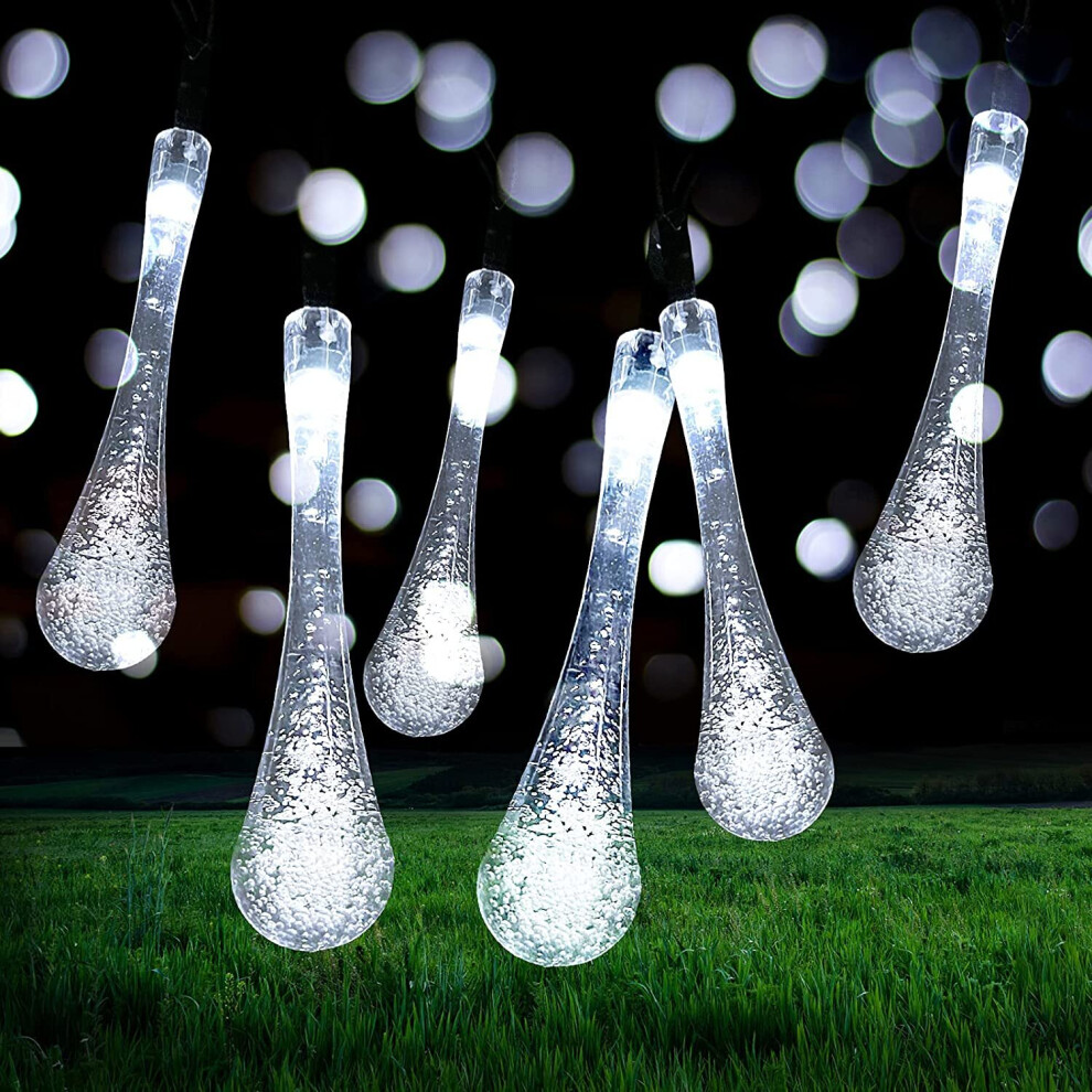 (White / Cool White) 20 LED Teardrop Raindrop Garden Solar String Light 8 Modes Outdoor Party BBQ UK