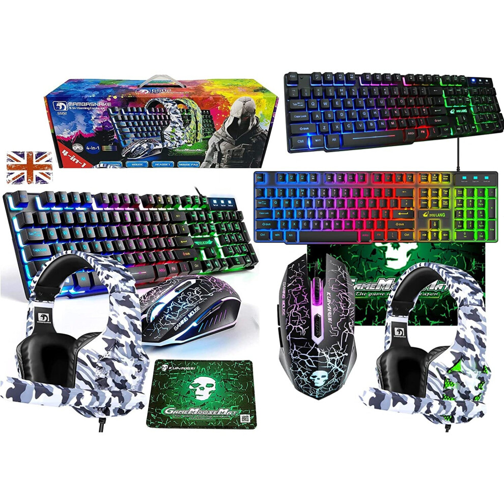 LexonElec UK Layout 4-in-1 Gaming Keyboard and Mouse Sets Rainbow Backlit Usb Gaming Keyboard + 2400DPI 6 Buttons Optical...