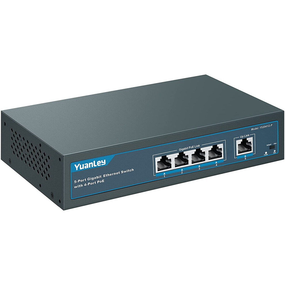 Yuanley 5 Port Gigabit Poe Switch With 4 Port Poe+, 802.3Af/At 78W Built-In Power, Fanless Metal Unmanaged Plug & Play 786118199774