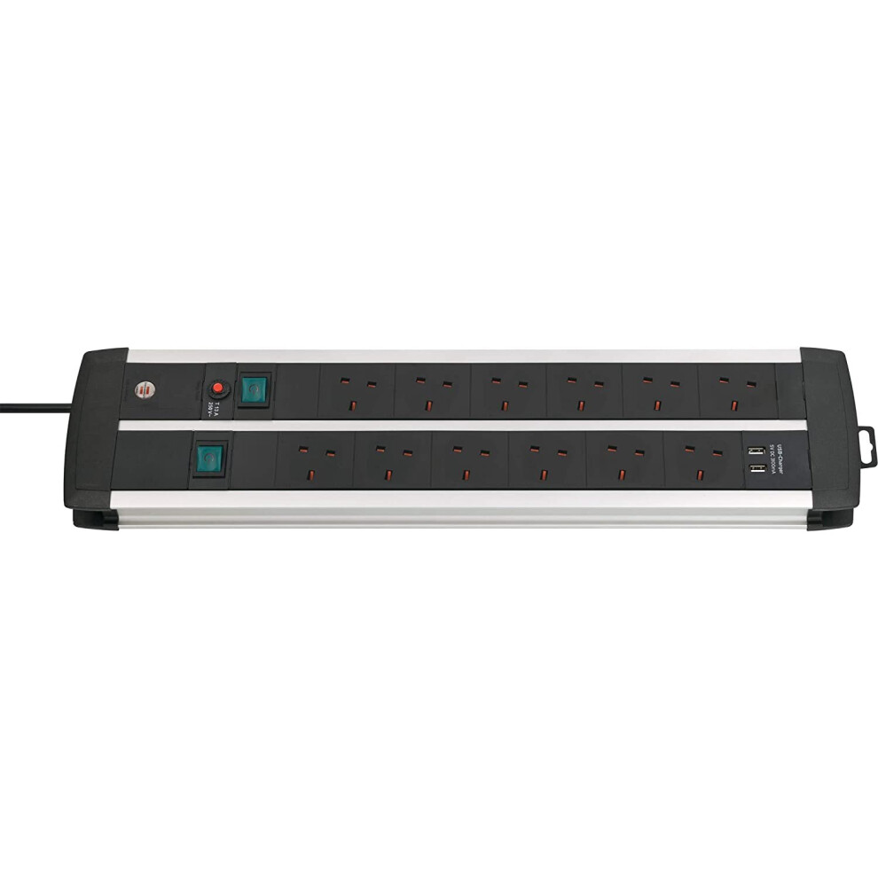 Brennenstuhl Premium-Duo-Alu-Line Technics Extension Socket With Safety Fuse Button And Usb-Charger 2X6-Way 3M H05vv-F 3G1.5 *Gb* 4007123663576