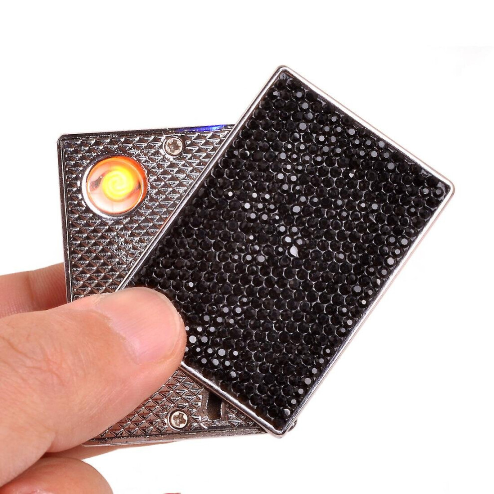 Silver/Black ( Black) Usb Rechargeable Windproof Lighter With Double Sided Rhinestone For Cigarettes Candles
