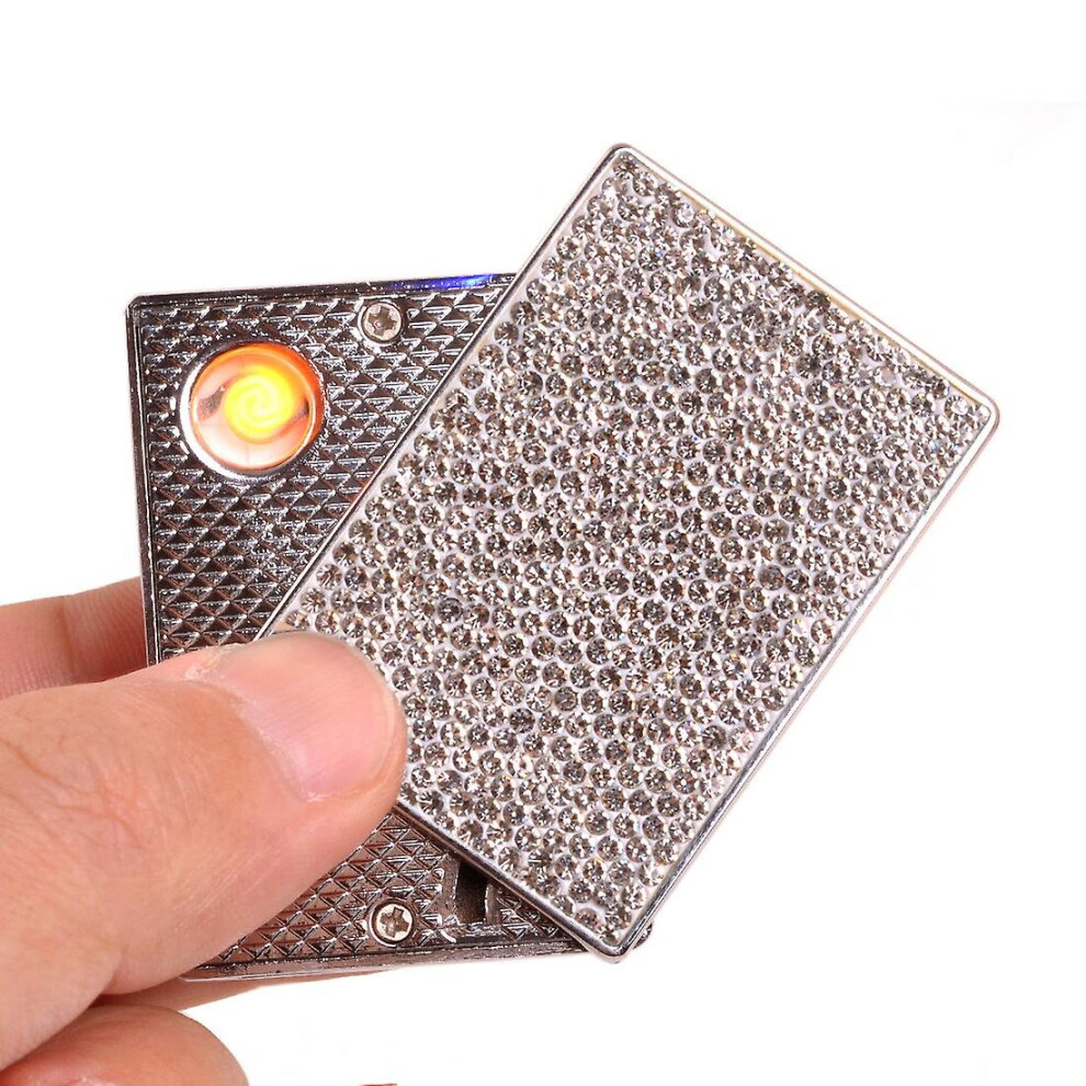 Silver/White ( White) Usb Rechargeable Windproof Lighter With Double Sided Rhinestone For Cigarettes Candles