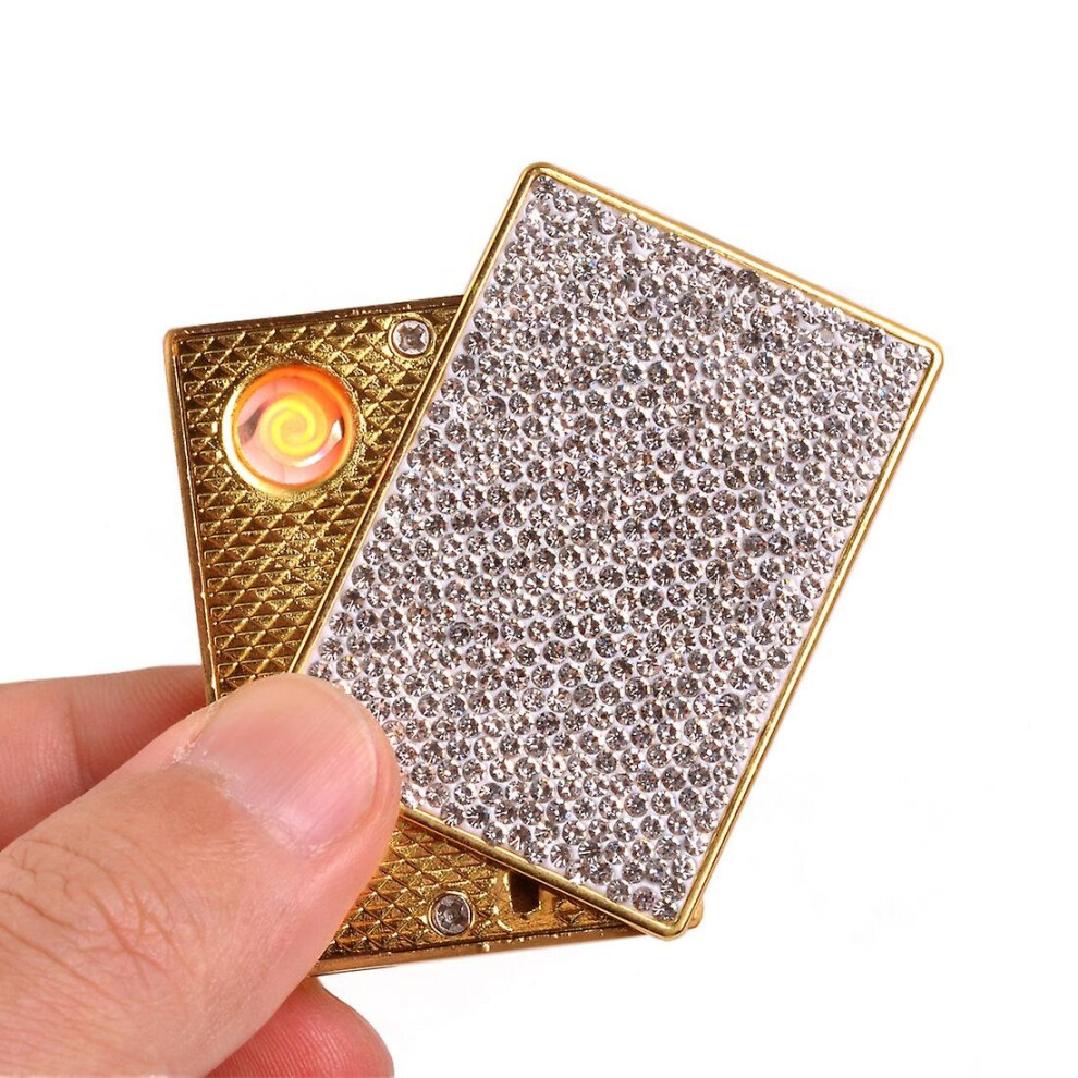 Gold/White ( White) Usb Rechargeable Windproof Lighter With Double Sided Rhinestone For Cigarettes Candles