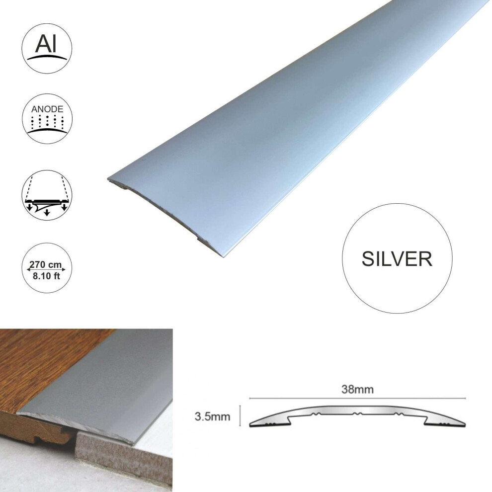 (Silver, 2.7m) CAS 38mm Self Adhesive Euro Threshold Cover Strip Tile Wood Vinyl