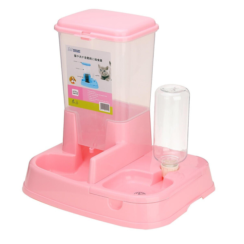 (Pink) Pet Cat Dog Autoxic Water Drinker Dispenser Food Feeder Dish Bowl Bottle Pet Bowl