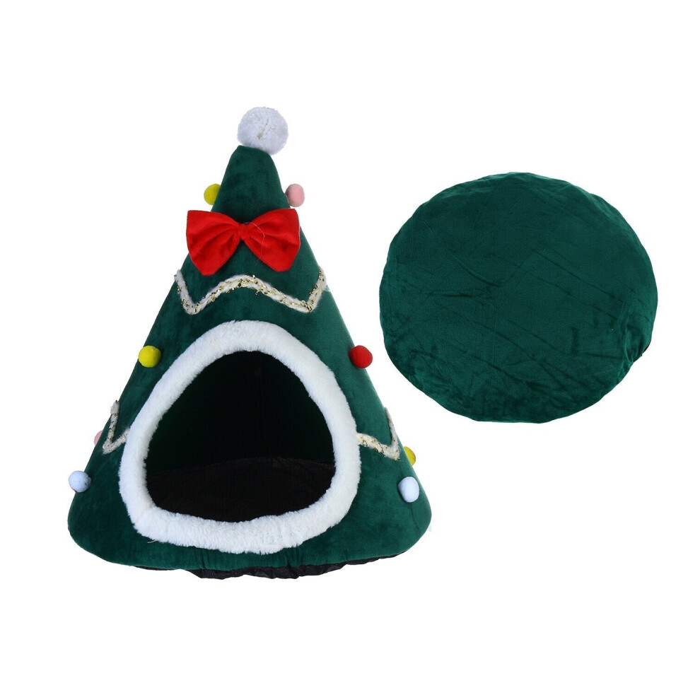 (Green, L) Cat Pet Dog Christmas Tree Shape Velvet Warm House Cave Beds Indoor Cats Cozy Wool Igloo Pet House