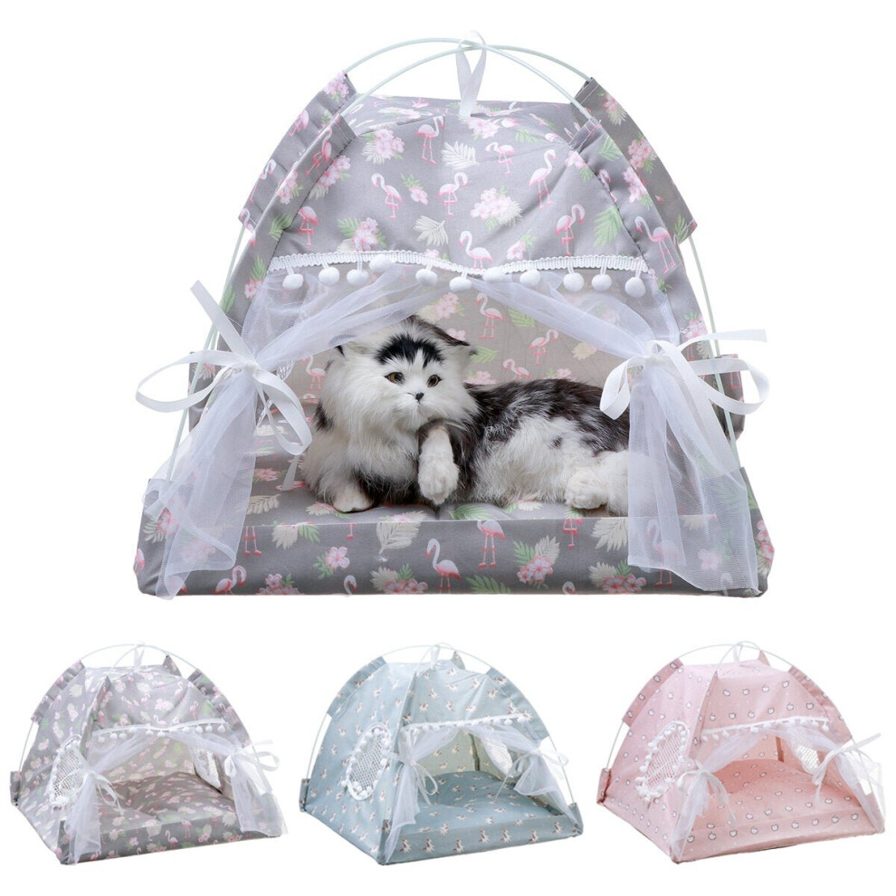 (S, C) Pet Tent Cat Bed Puppy House Cushion Pad Bed Flamingo Pattern Indo