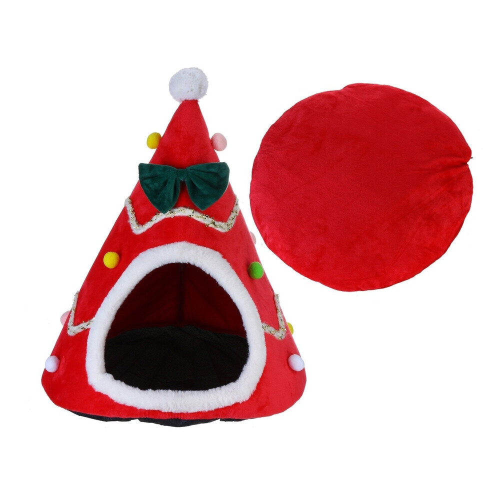 (Red, L) Cat Pet Dog Christmas Tree Shape Velvet Warm House Cave Beds Indoor Cats Cozy Wool Igloo Pet House