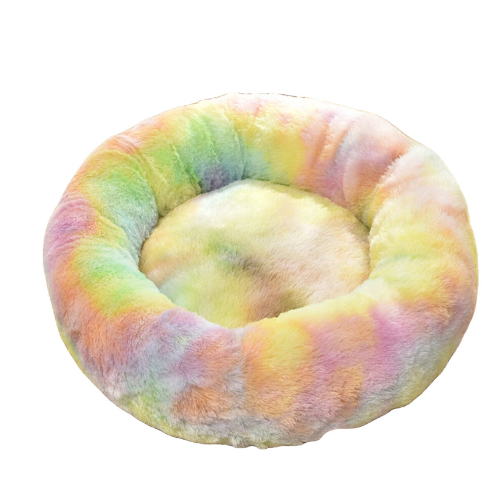 (Rainbow, M) Pet Dog Cat Calming Bed Round Warm Soft Plush Sleeping Bed Donut Cushion