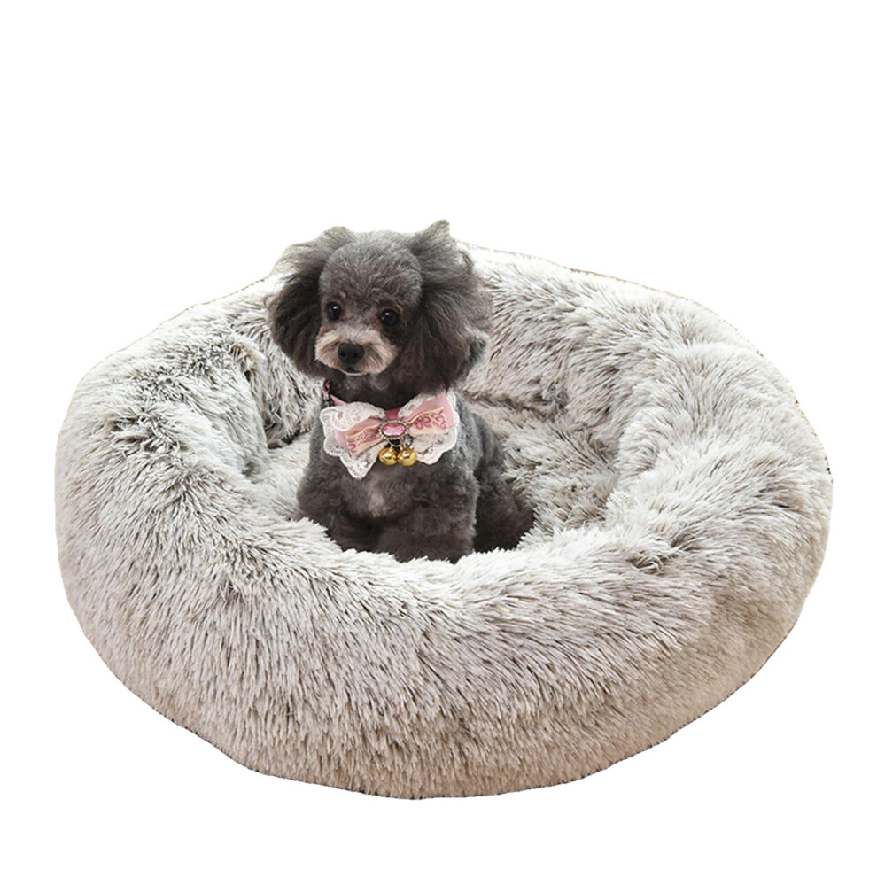 (White, M) Pet Dog Cat Calming Bed Round Warm Soft Plush Sleeping Bed Donut Cushion