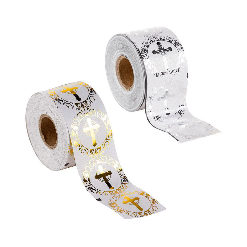 (Silver) 500Pcs Christian Cross Sticker Roll Round Baptism Of Christ Handmade Seal Label