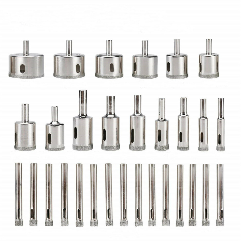 30Pcs 6-50mm Diamond Coated Hole Saw Drill Bits Glass Bit Set Tile Kit for Porcelain Marble