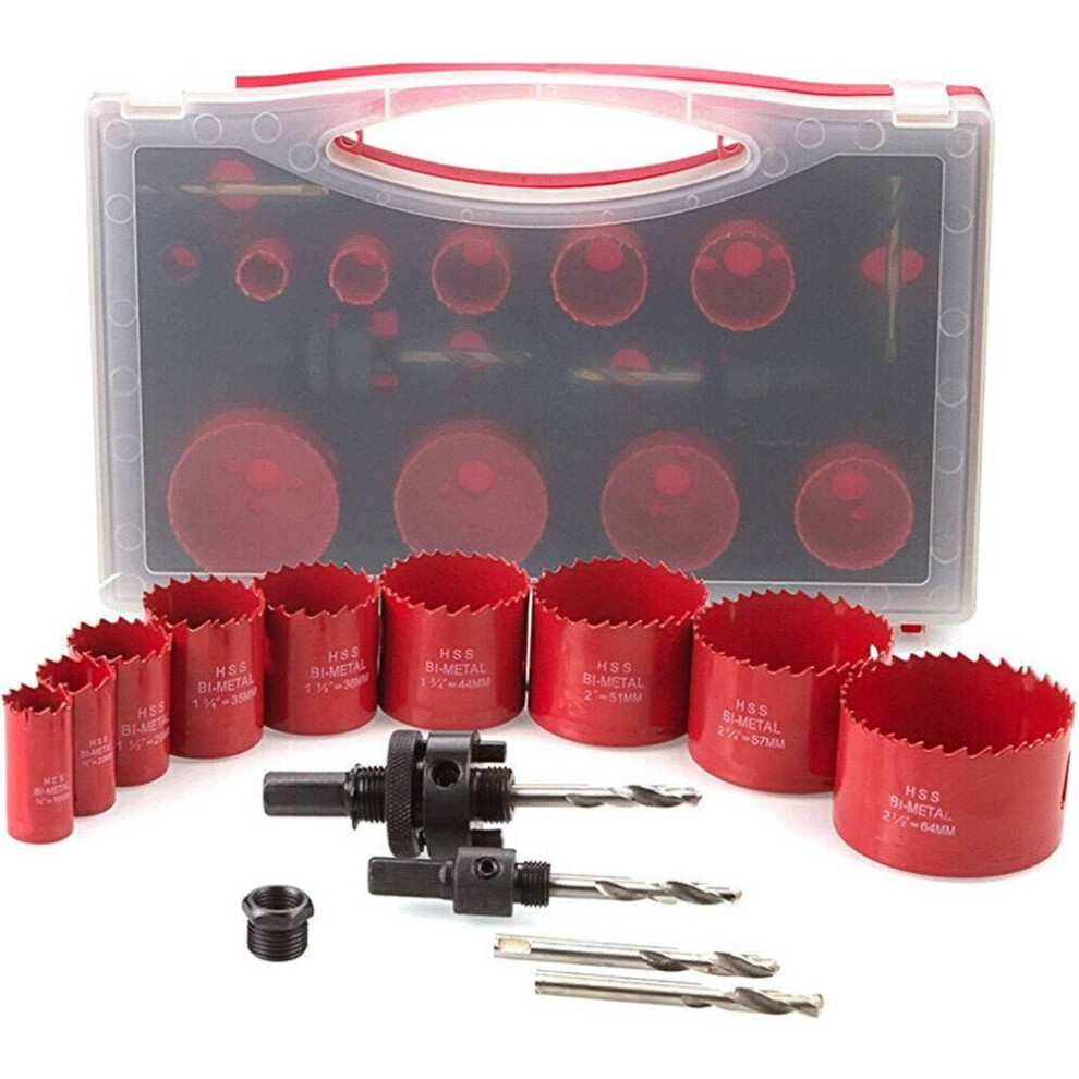 15Pcs Bi-Metal Hole Saw Kit 19mm to 64mm HSS Sawtooth Hole Saw Cutter Drill Bit Through for Wood Plastic Metal Drywall