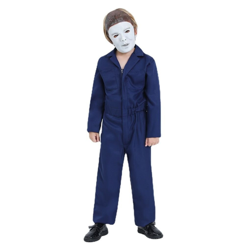 (, L) Kid Michael Myers Costume With Mask Jumpsuit Horror Killer Cosplay Uniform Blue