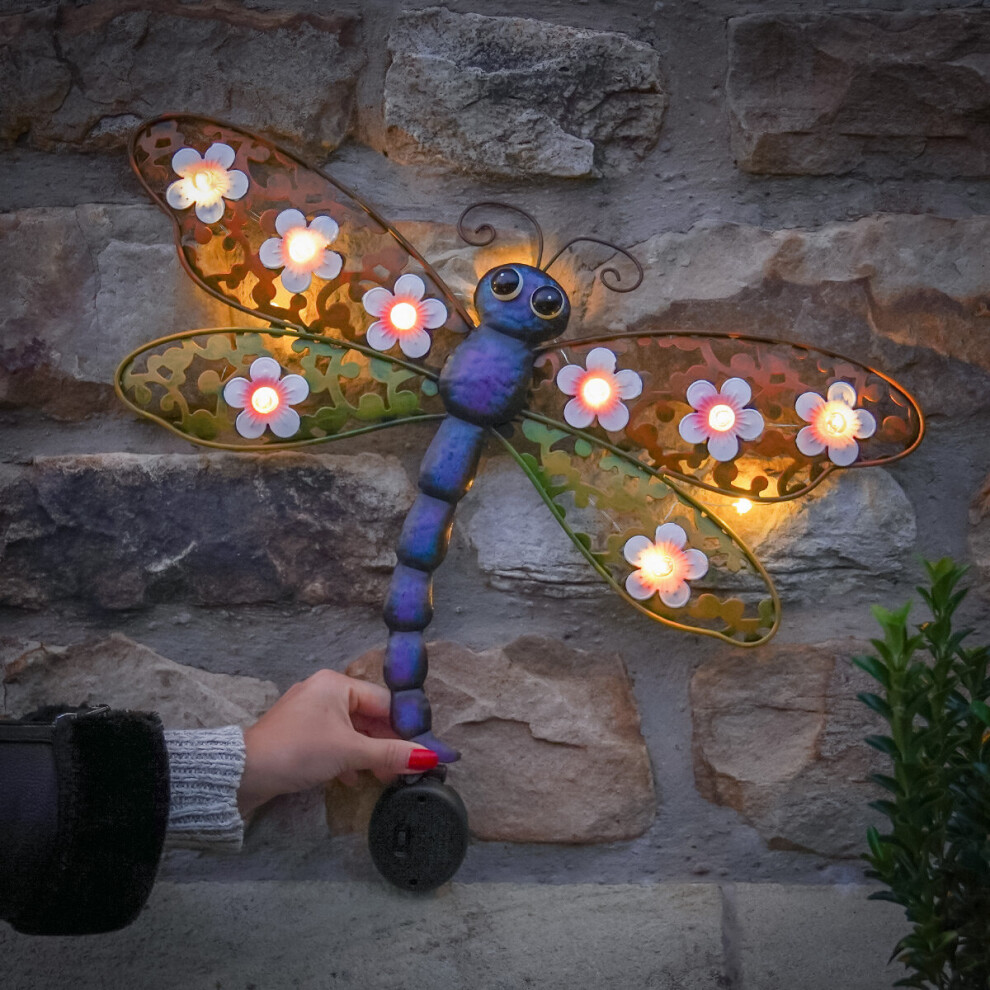 Metal LED Light Up Dragonfly Fence Decoration 50cm Solar Power | Garden Outdoor Patio