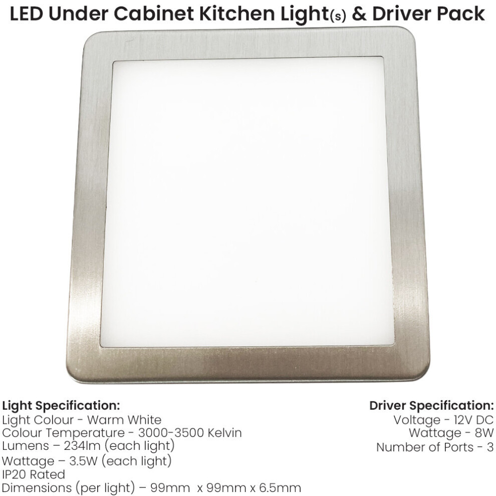 Loops (1 & Driver) Brushed Nickel Slim Square Under Cabinet Down & Driver - Warm Led Light/White