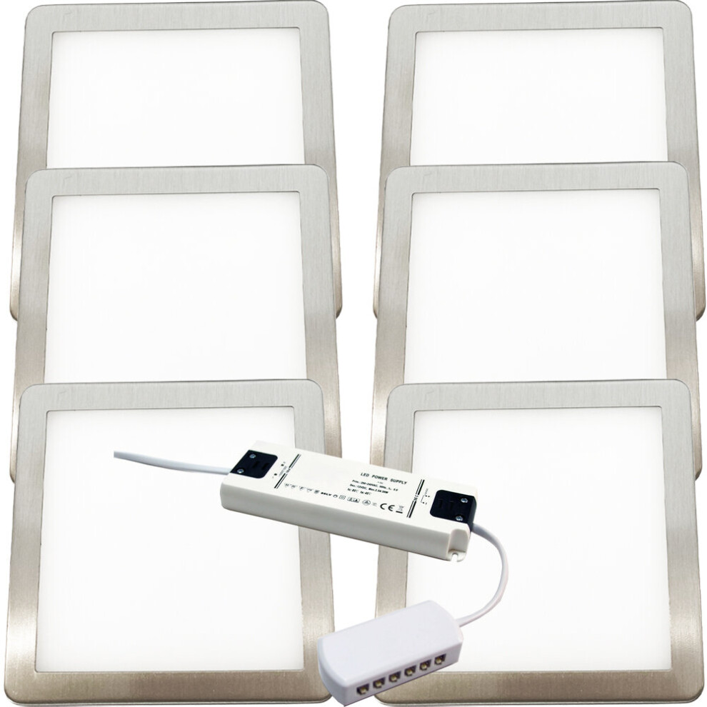 Loops (6 S & Driver) Brushed Nickel Slim Square Under Cabinet & Driver - Natural Led Light/White