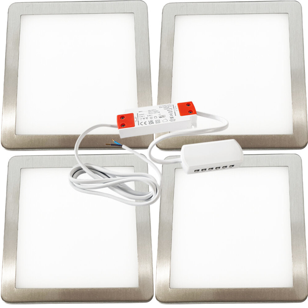 Loops (4 Lights & Driver) Brushed Nickel Slim Square Under Cabinet Down Light & Driver - Warm White Led