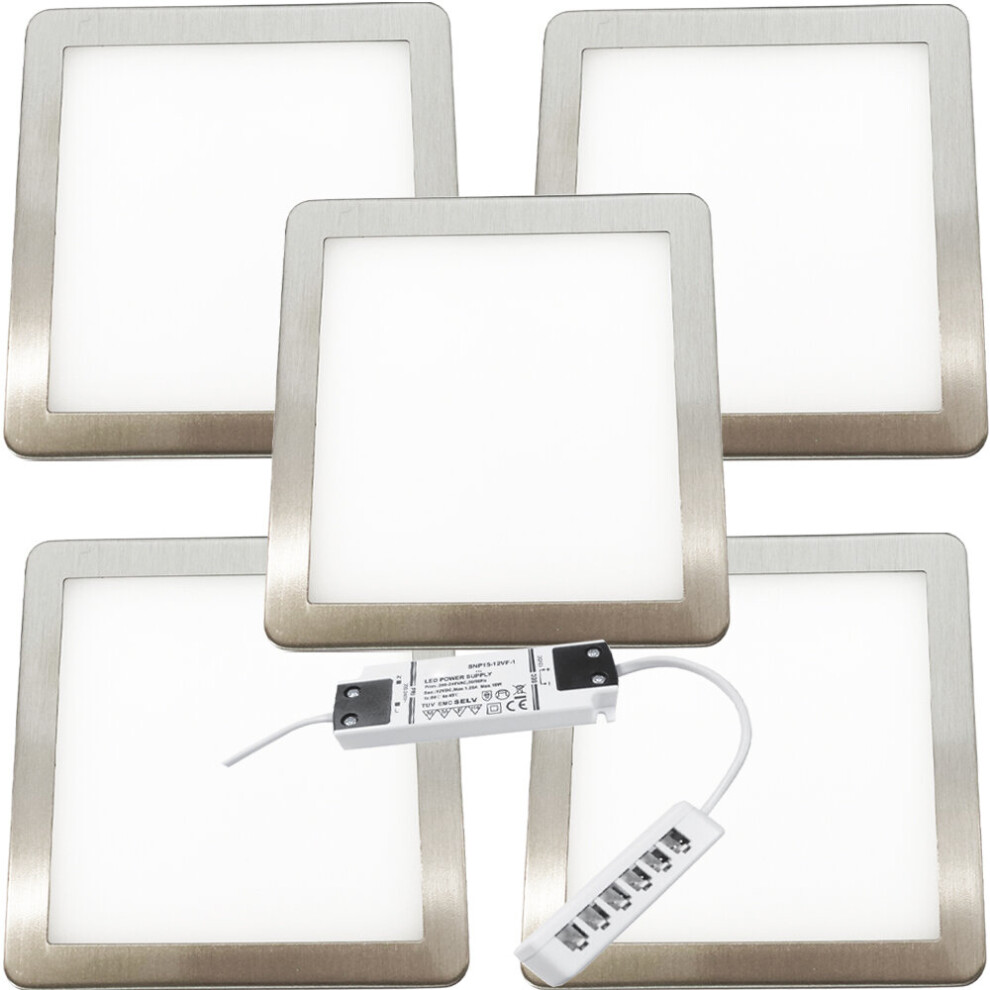 5x BRUSHED NICKEL Ultra-Slim Square Under Cabinet Kitchen Light & Driver Kit - Warm White Diffused LED