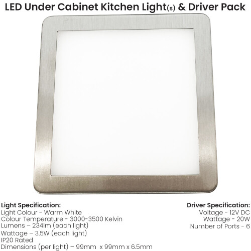 Loops (5 Lights & Driver) BRUSHED NICKEL Slim Square Under Cabinet Down Light & Driver - Warm White LED 1