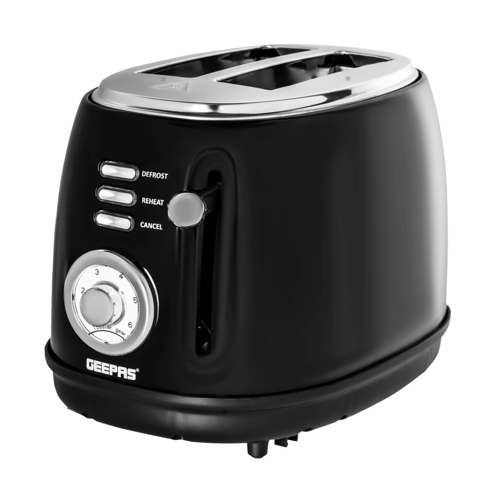 Geepas Black Slice Retro Bread Toaster Defrost, Reheat & Cancel Function, Size 2