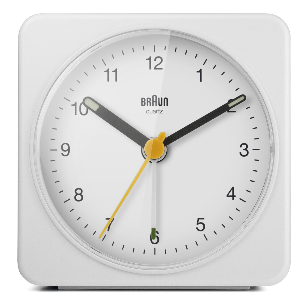 Braun Classic Analogue Alarm Clock with Snooze and Light, White, BC03W