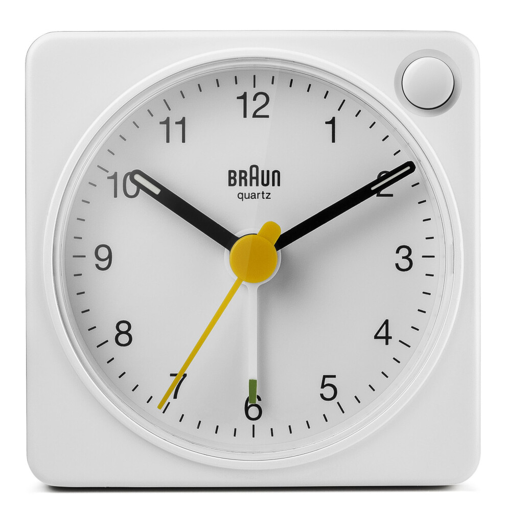 Braun Classic Travel Analogue Alarm Clock, Compact Size, White, BC02W