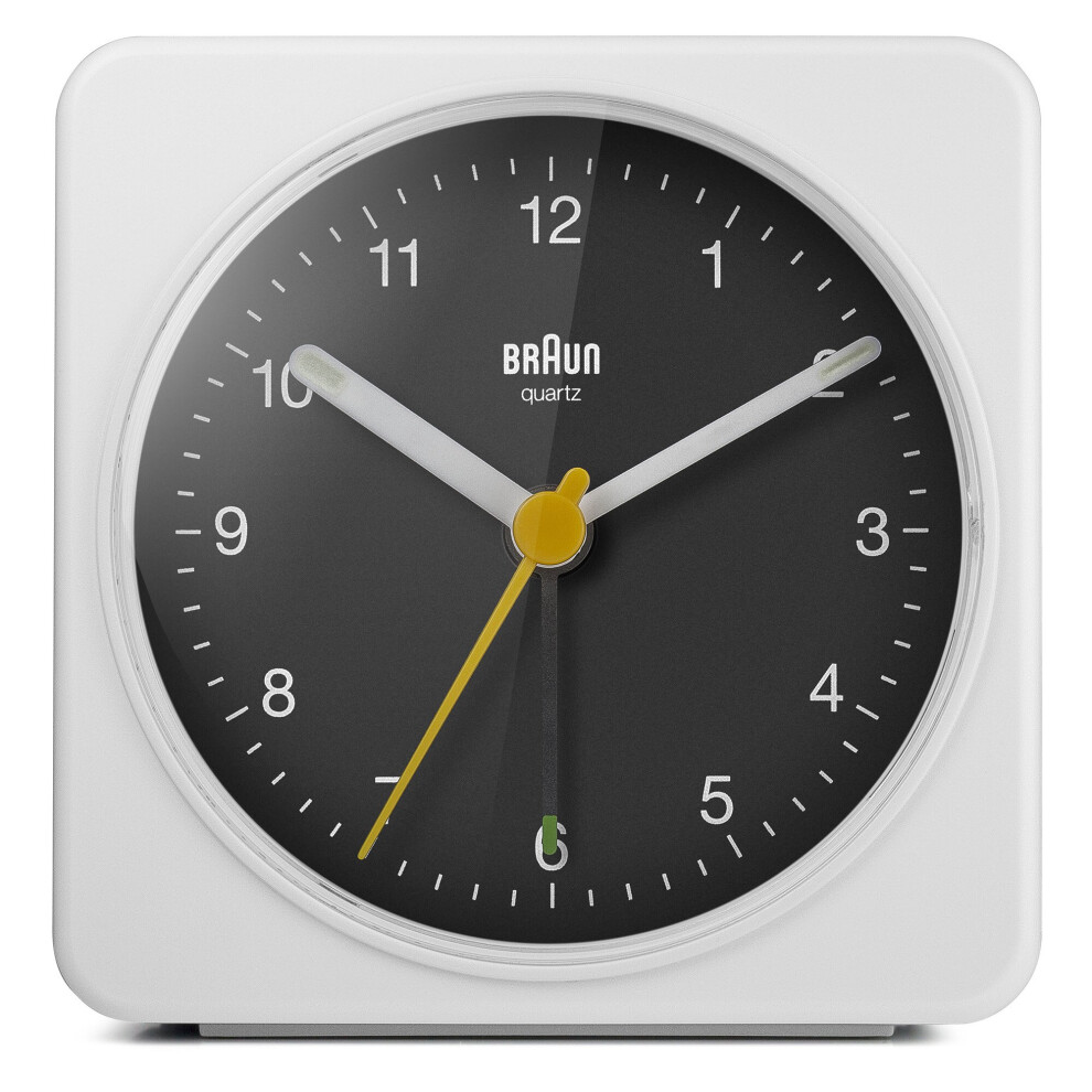 Braun Classic Analogue Alarm Clock with Snooze and Light, White & Black, BC03WB