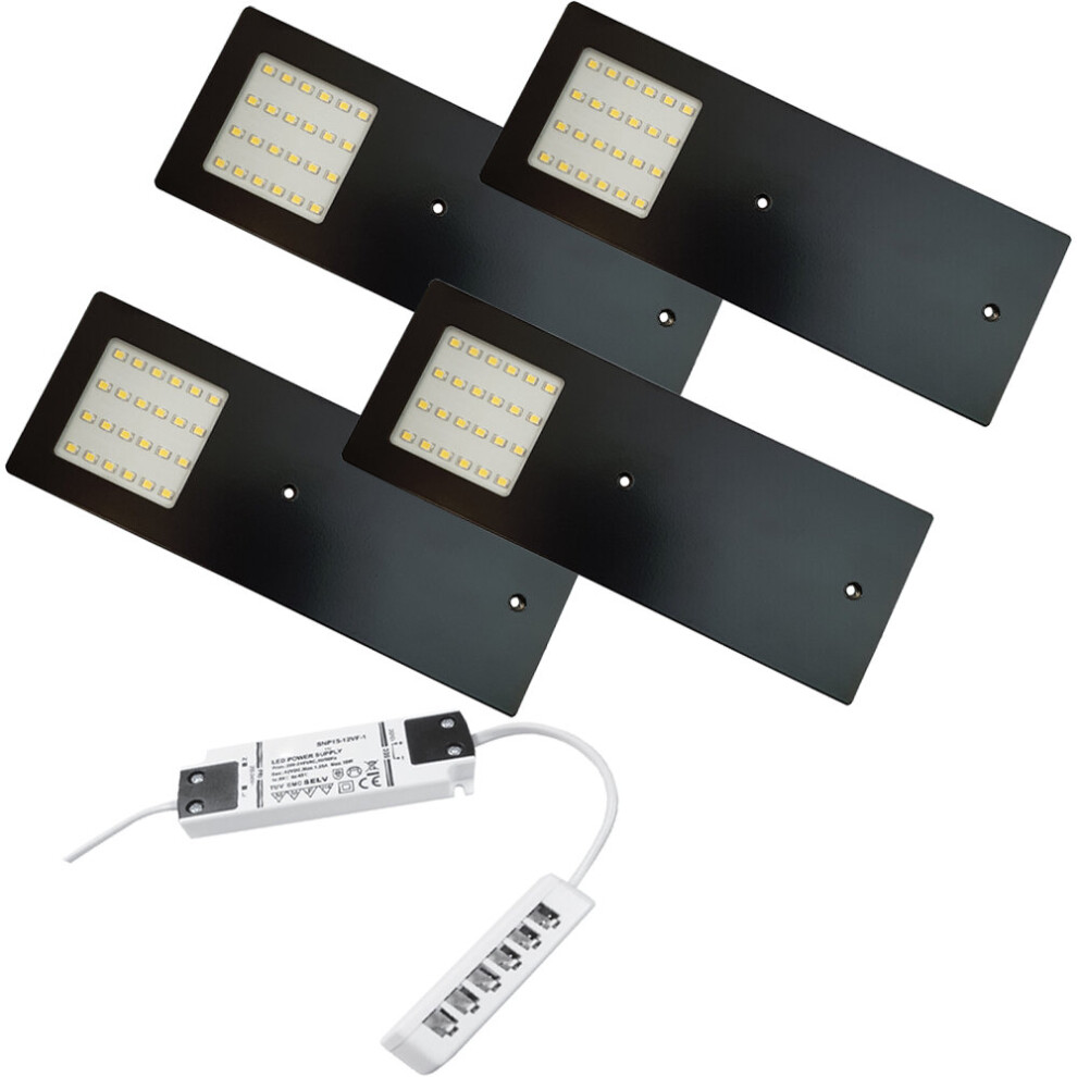 Loops (4 Lights & Driver) Matt Black Slim Under Cabinet Kitchen Light & Driver Kit - Natural White Led