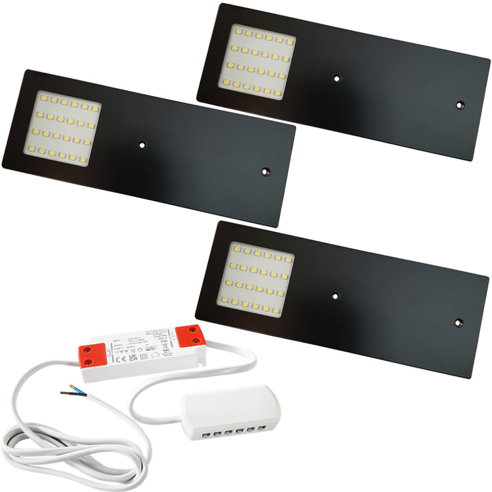 3x MATT BLACK Ultra-Slim Rectangle Under Cabinet Kitchen Light & Driver Kit - Natural White LED