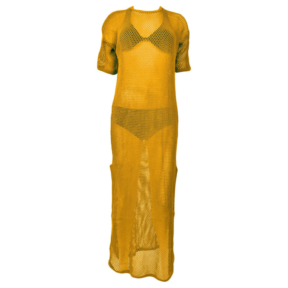 (Gold, S - M) Ladies Maxi Dress Side Slit String Mesh Long Vest