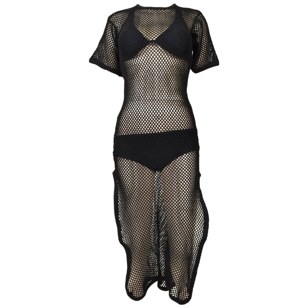 (Black, S - M) Ladies Maxi Dress Side Slit String Mesh Long Vest
