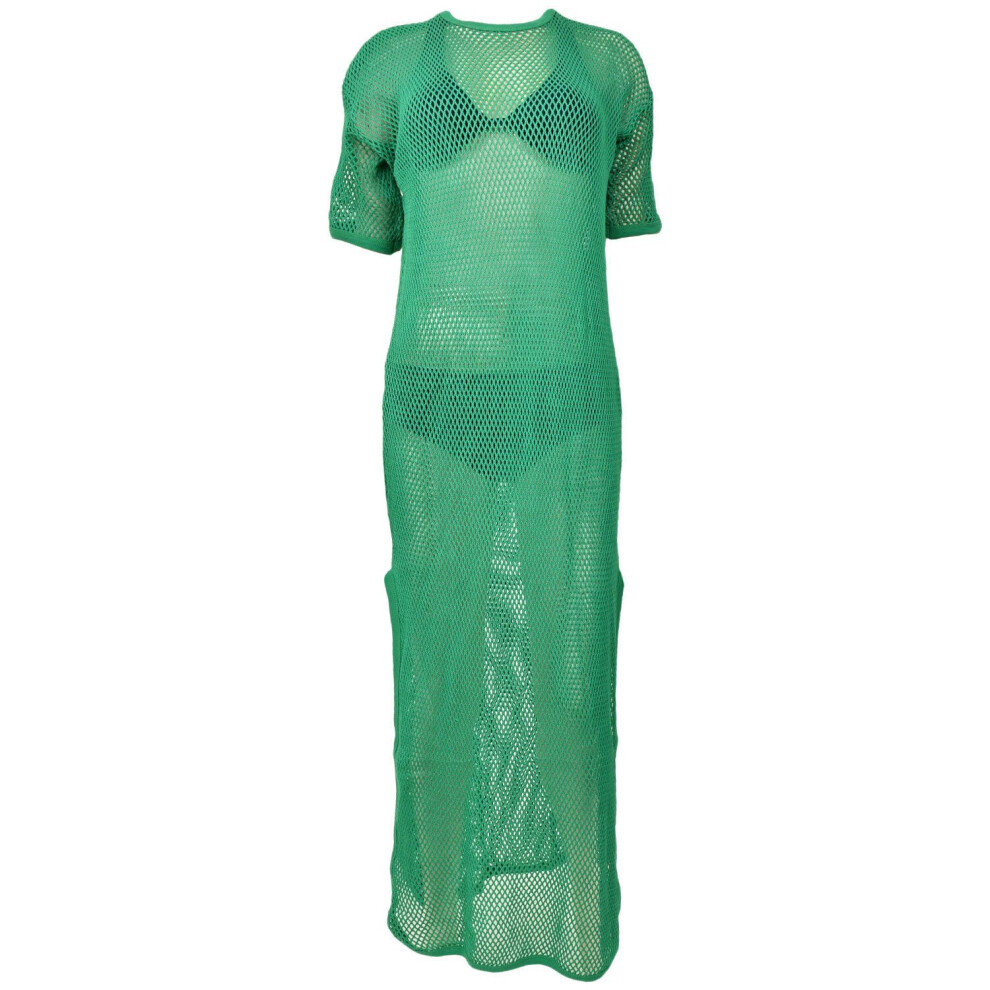 (Green, L - XL) Ladies Maxi Dress Side Slit String Mesh Long Vest