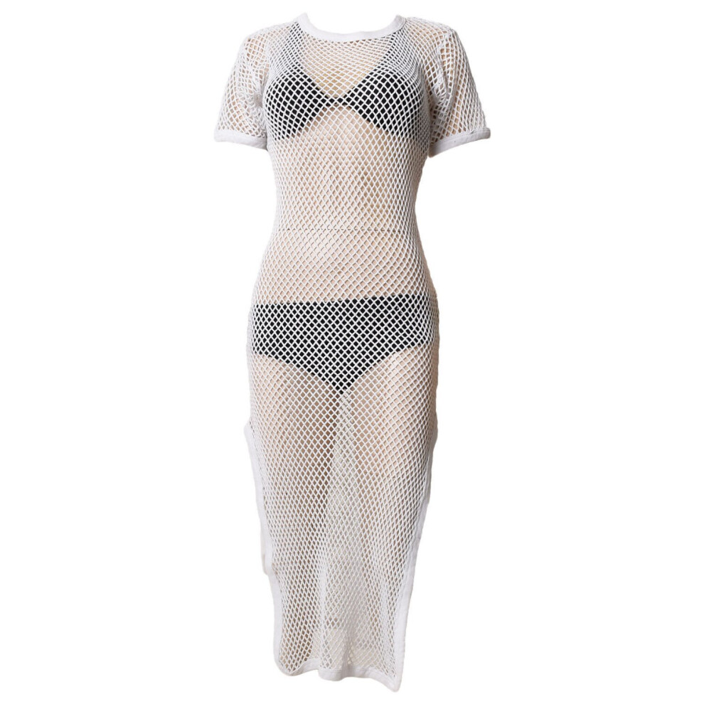 (White, S - M) Ladies Maxi Dress Side Slit String Mesh Long Vest