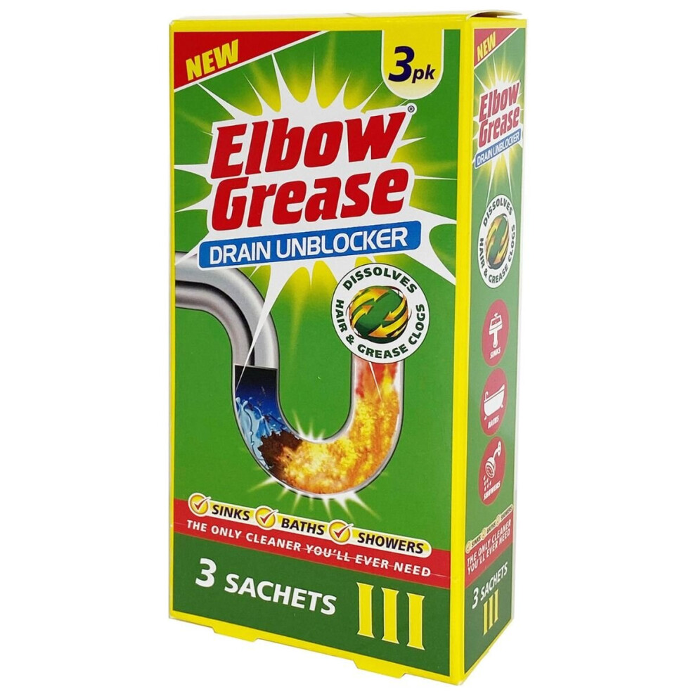 3 x Sachets Elbow Grease Drain Unblocker Sink Bath Shower Dissolves Hair Grease