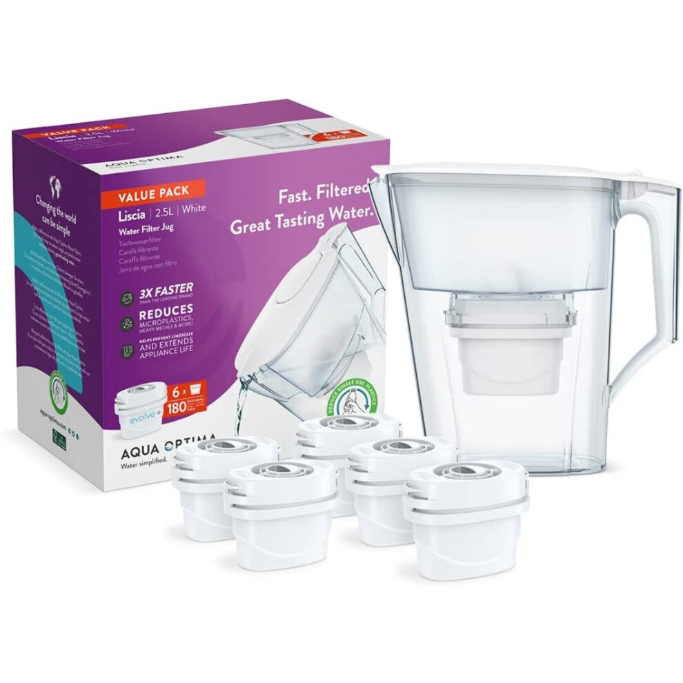 Aqua-Optima Aqua Optima Oria Liscia Filter Jug & 6 X 30 Day Evolve+ Water Filter Cartridges, 2.5 Litre Capacity, For Reduction Of...