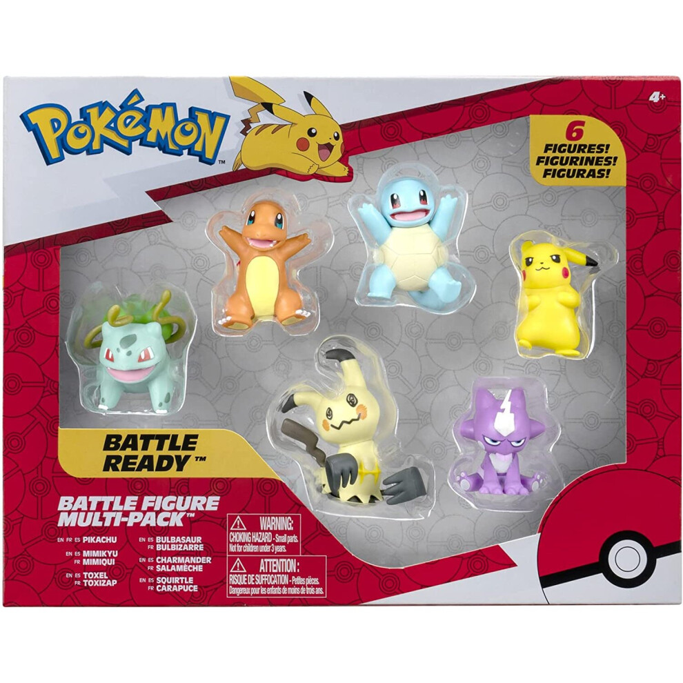 Pokemon PKW2684 Battle Figure 6 Pack-Features 2-Inch Pikachu, Squirtle, Charmander, Bulbasaur, Mimikyu & Toxel-Authentic...