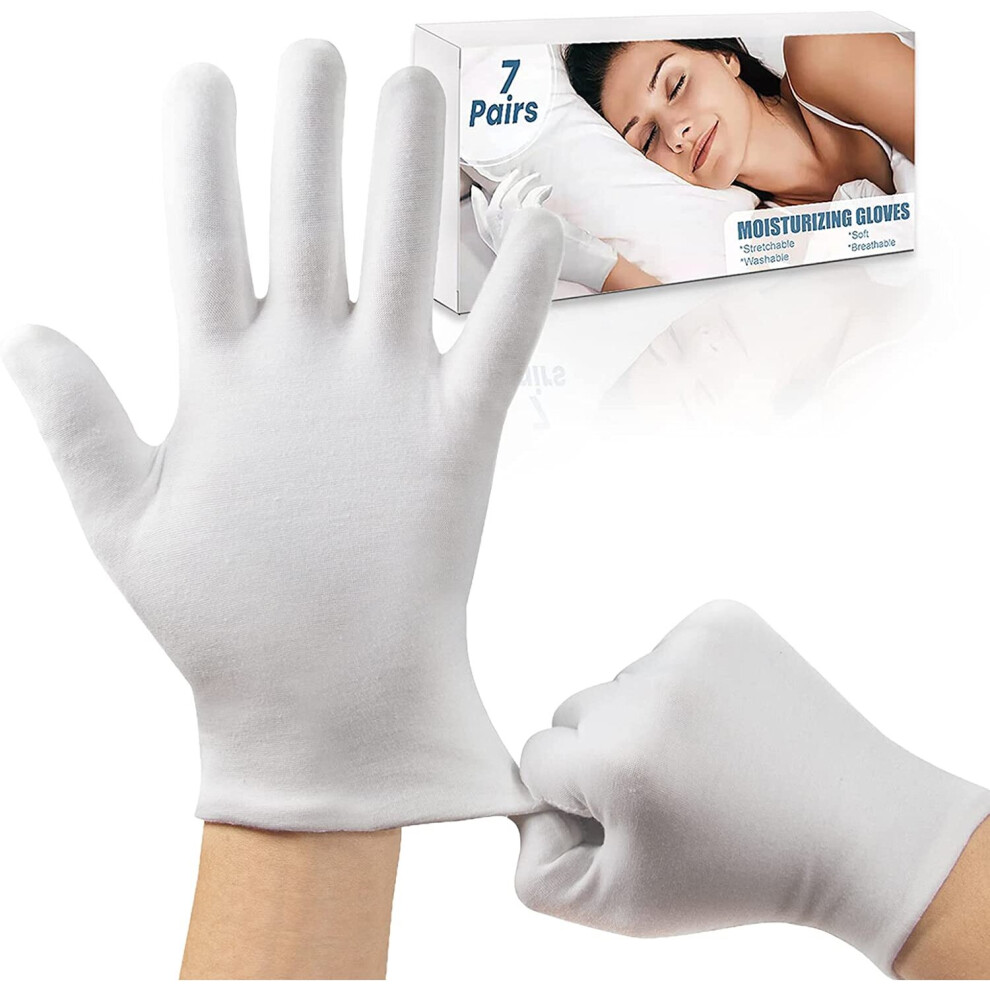 Moisturising Gloves, 7 Pairs Cotton Gloves for Eczema, Night Gloves for Dry Hands, Washable White Cotton Gloves Fits Men and Women