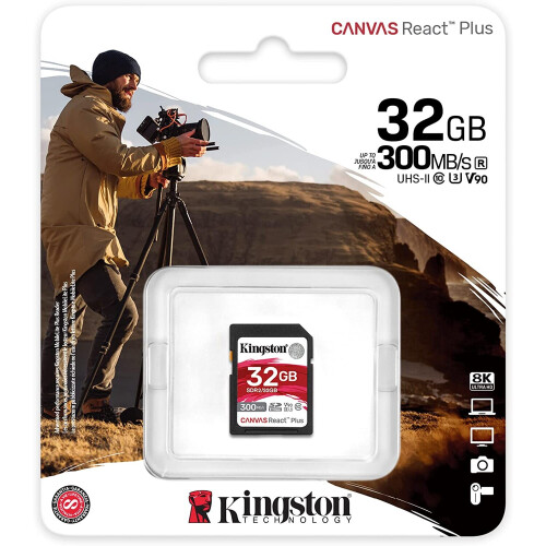 Kingston 32GB SDHC REACT PLUS UHS-II 300R/260W U3 V90 FULL HD/4K/8K 1