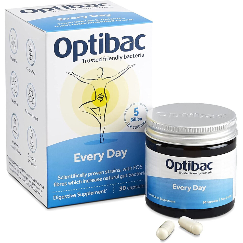 Optibac Probiotics Every Day - Digestive Supplement with 5 Billion Bacterial Cultures & FOS Fibres - 30 Capsules