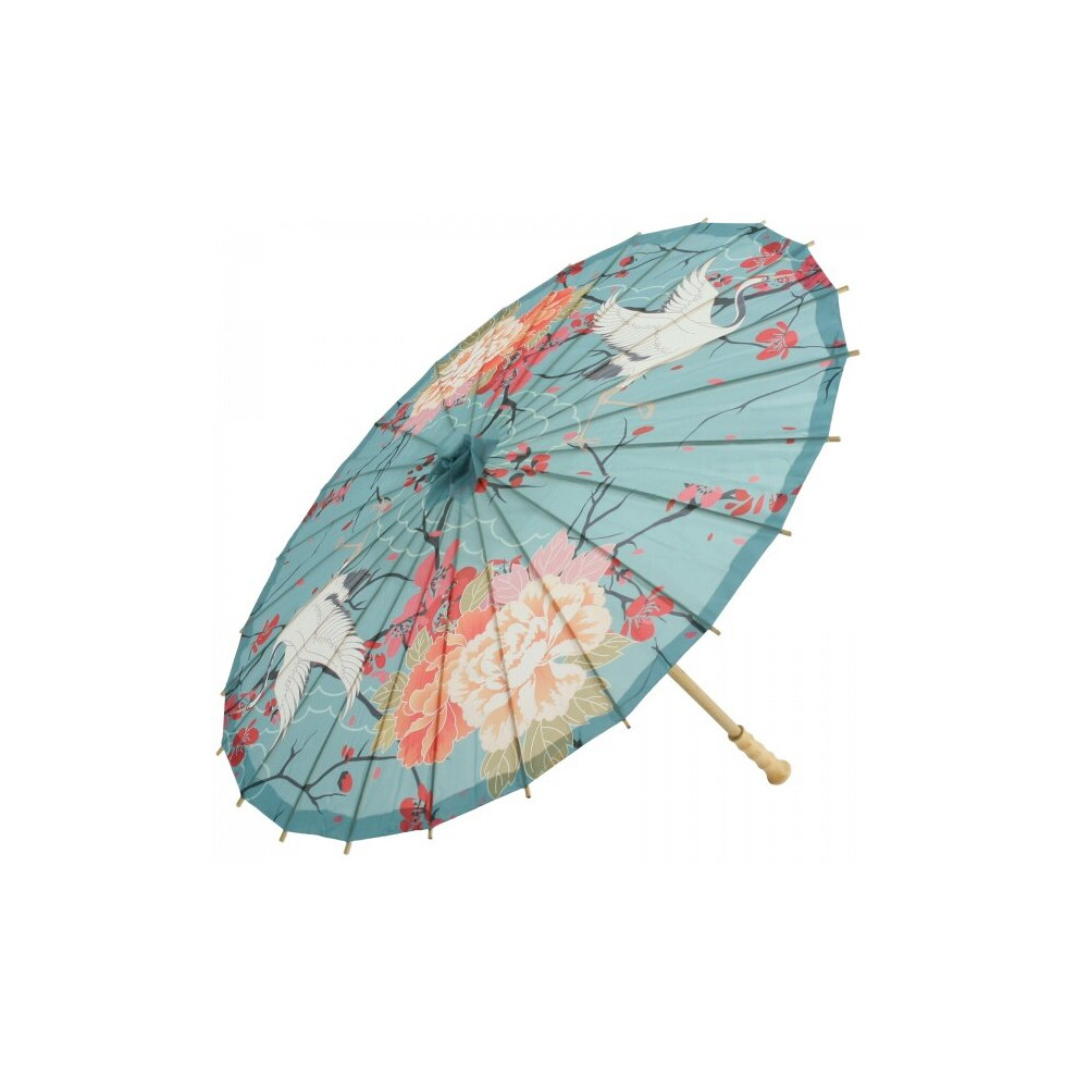 Premium Chinese Nylon Silk Bamboo Parasol - Crane & Peonies