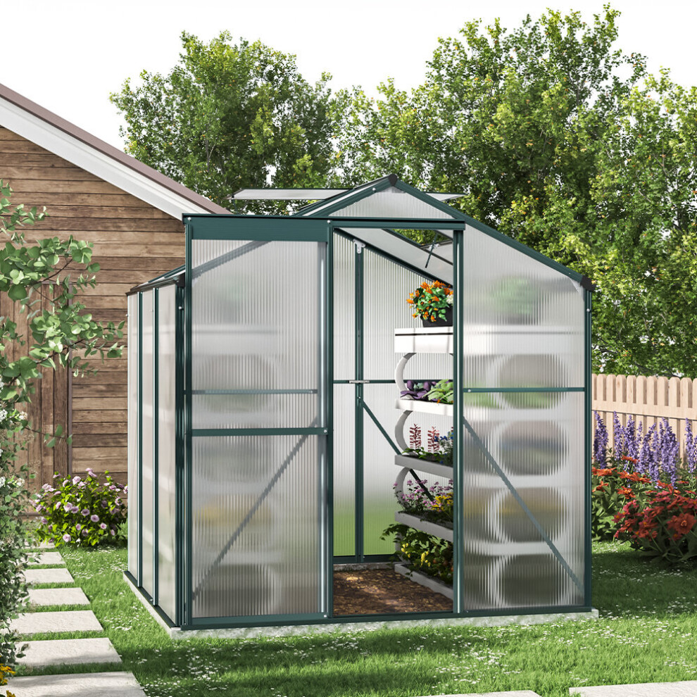 6ft Ã 6ft Greenhouse Polycarbonate Aluminium Greenhouse with Window, Sliding Door, and Foundation