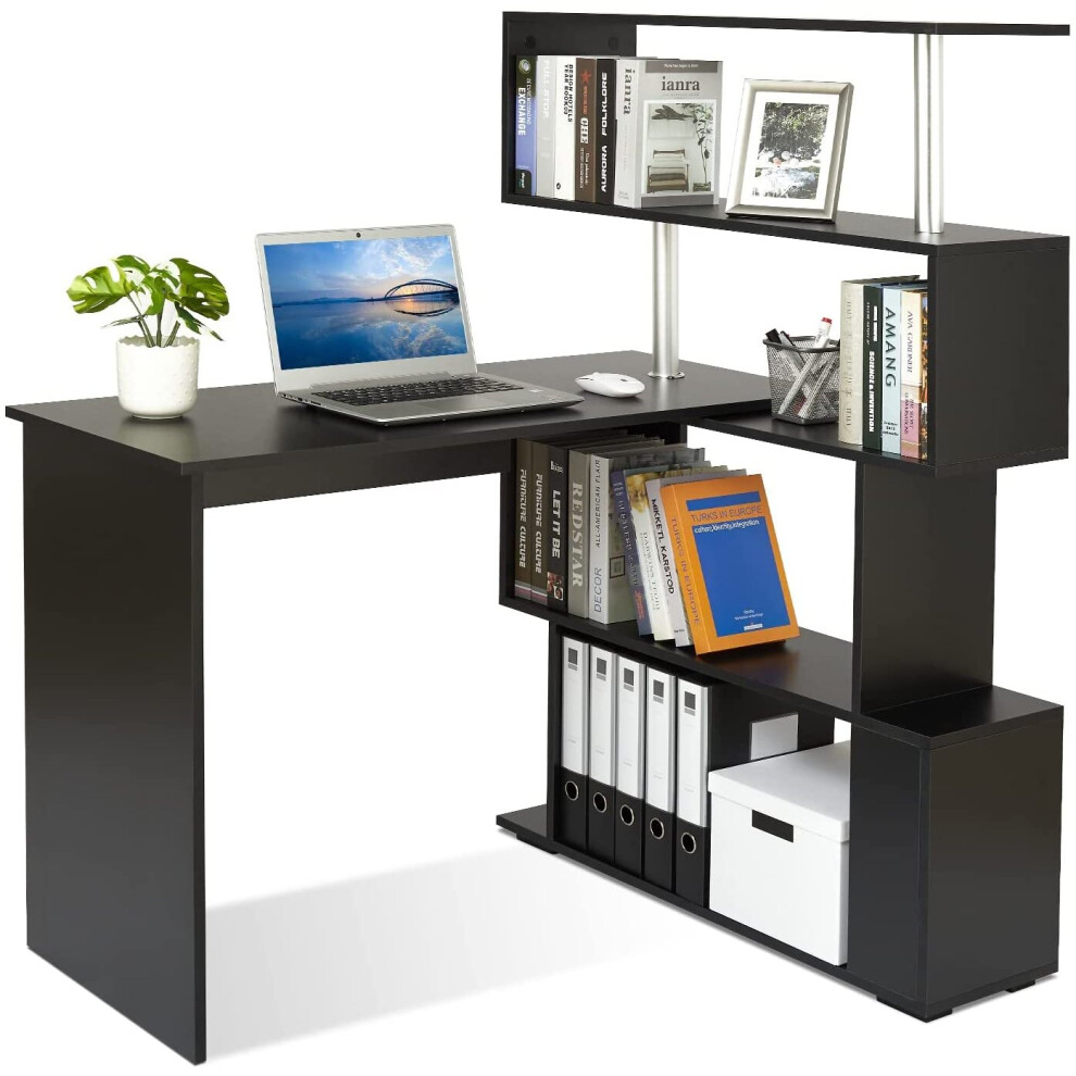 Meerveil L Shaped Computer Desk, Corner Desk, 360 Degree Rotatable Shelves, Space Saving Table W/ Spacious Storage For Home Office Workstation Study
