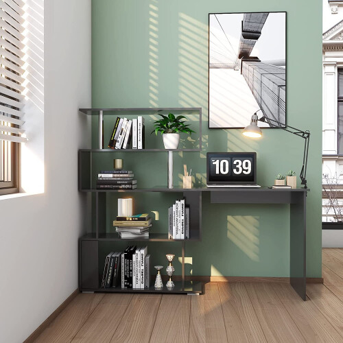Meerveil L Shaped Computer Desk, Corner Desk, 360 Degree Rotatable Shelves, Space Saving Table w/ Spacious Storage for Home Office Workstation Study 1