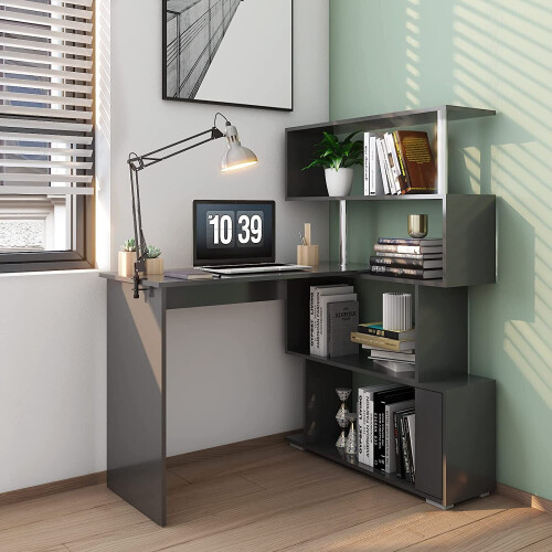 Meerveil L Shaped Computer Desk, Corner Desk, 360 Degree Rotatable Shelves, Space Saving Table w/ Spacious Storage for Home Office Workstation Study 2