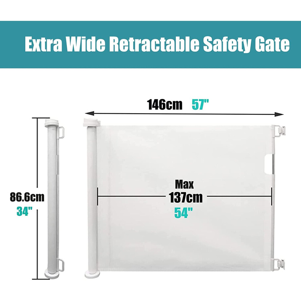 (White) 136 cm 86 cm Tall Retractable Baby Gate, Extra Wide Safety Stair Gates