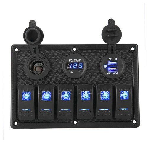 12V 6 Gang LED Rocker Switch Panel Circuit Breakers Charger USB For Boat Marine