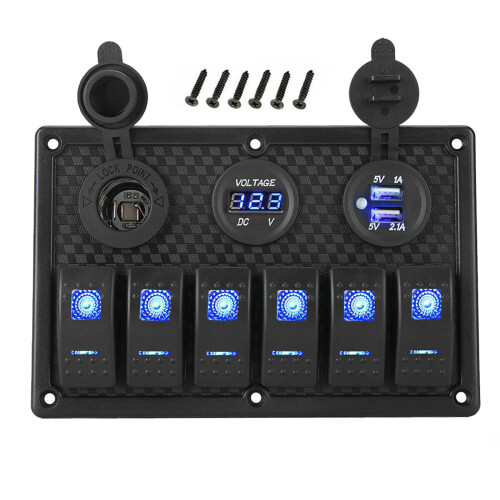 12V 6 Gang LED Rocker Switch Panel Circuit Breakers Charger USB For Boat Marine 1