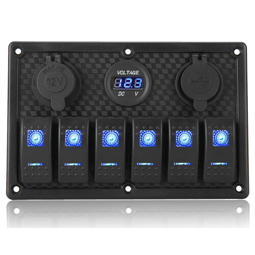 12V 6 Gang LED Rocker Switch Panel Circuit Breakers Charger USB For Boat Marine 2