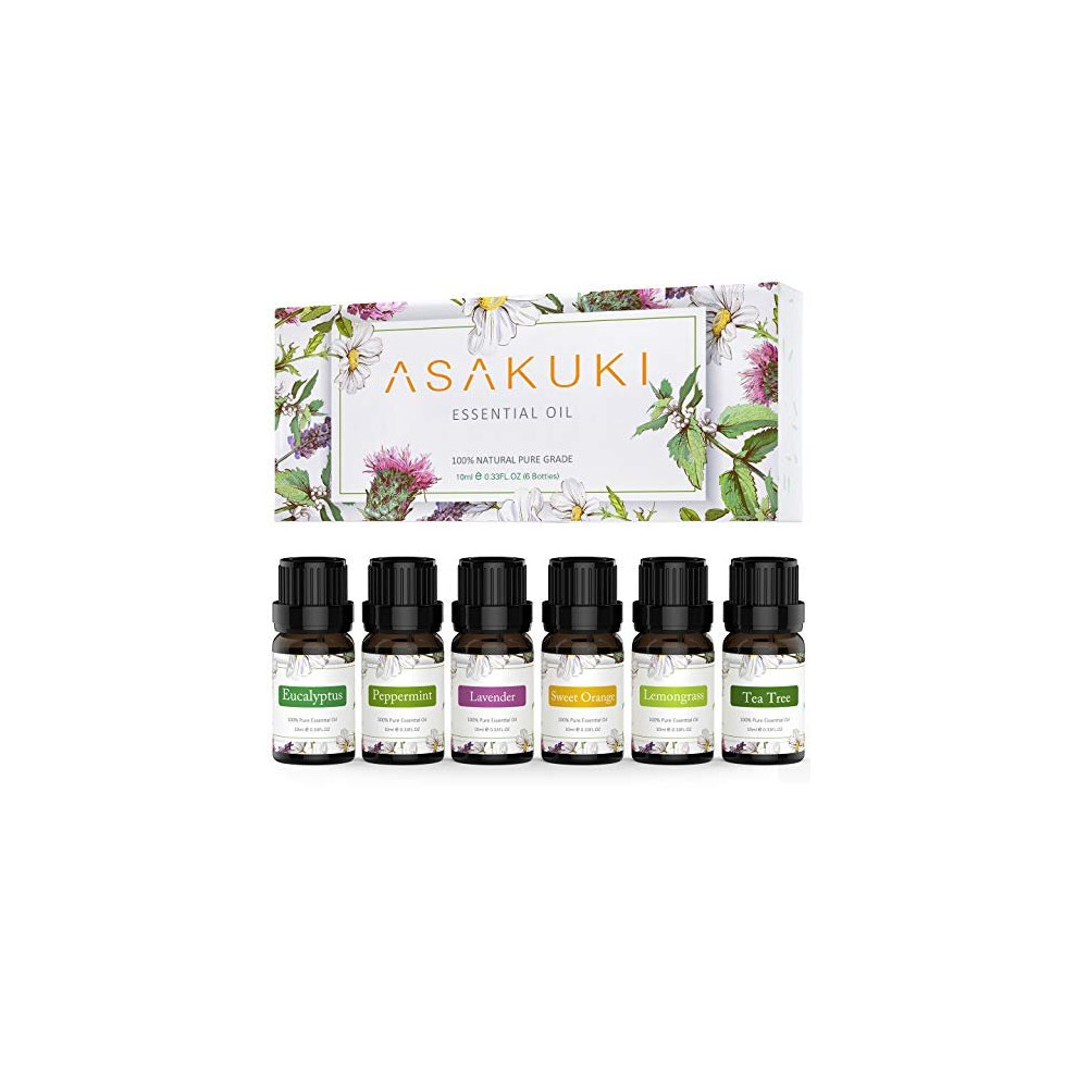 ASAKUKI Starter Kit Pure Essential Oils Gift Set 6 x 10 mL, Natural Lavender, Eucalyptus, Lemongrass, Tea Tree, Sweet Orange and Peppermint, Diff